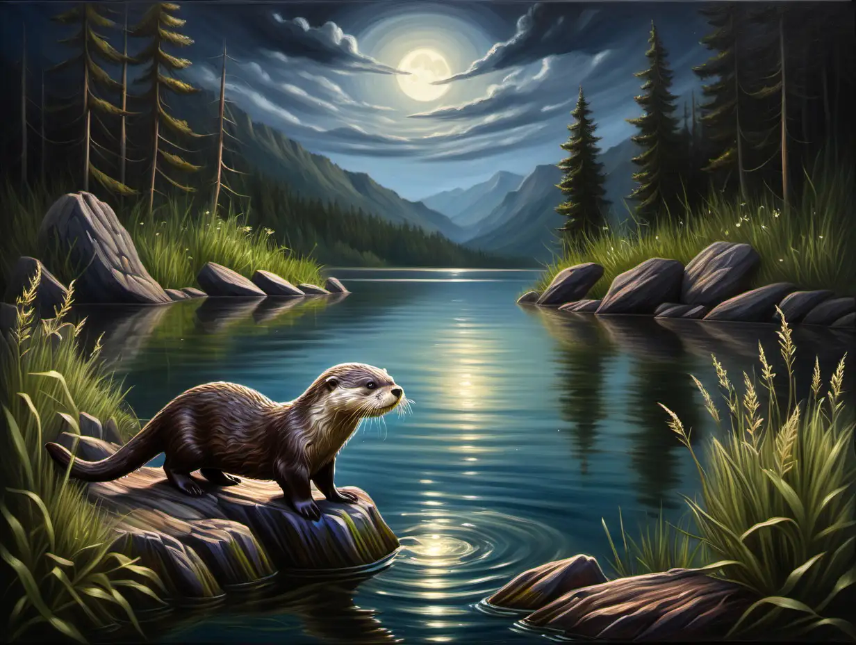 Otter Swimming in Moonlit Open Lake Amidst Woods and Mountains