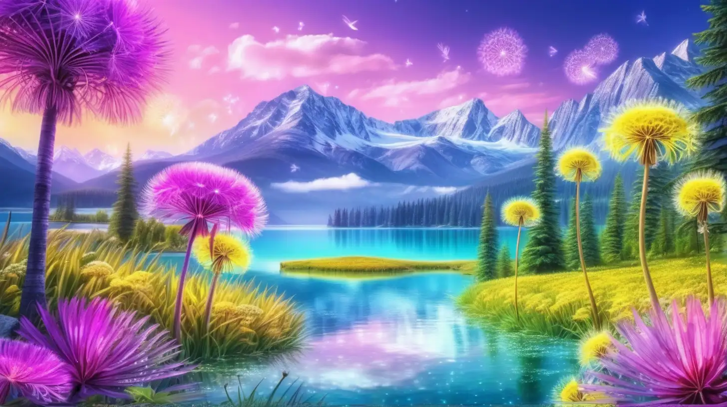 Bright palm leaves and Magical fairytale. Glowing dandelions with pink and bright-yellow and Green and Blue. Purple. Bright-yellow. Magical Fairytale trees. bright lake and mountains
