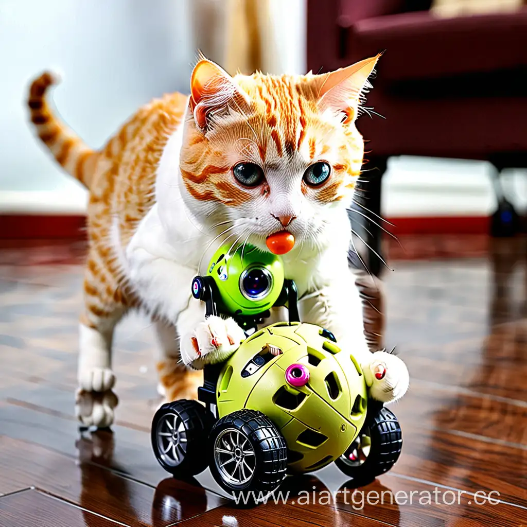 Toy for cats on two wheels with camera and ball