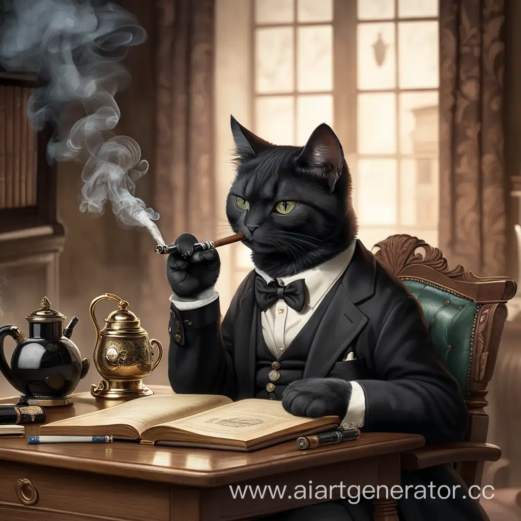 Scholarly-Black-Cat-Smoking-a-Pipe