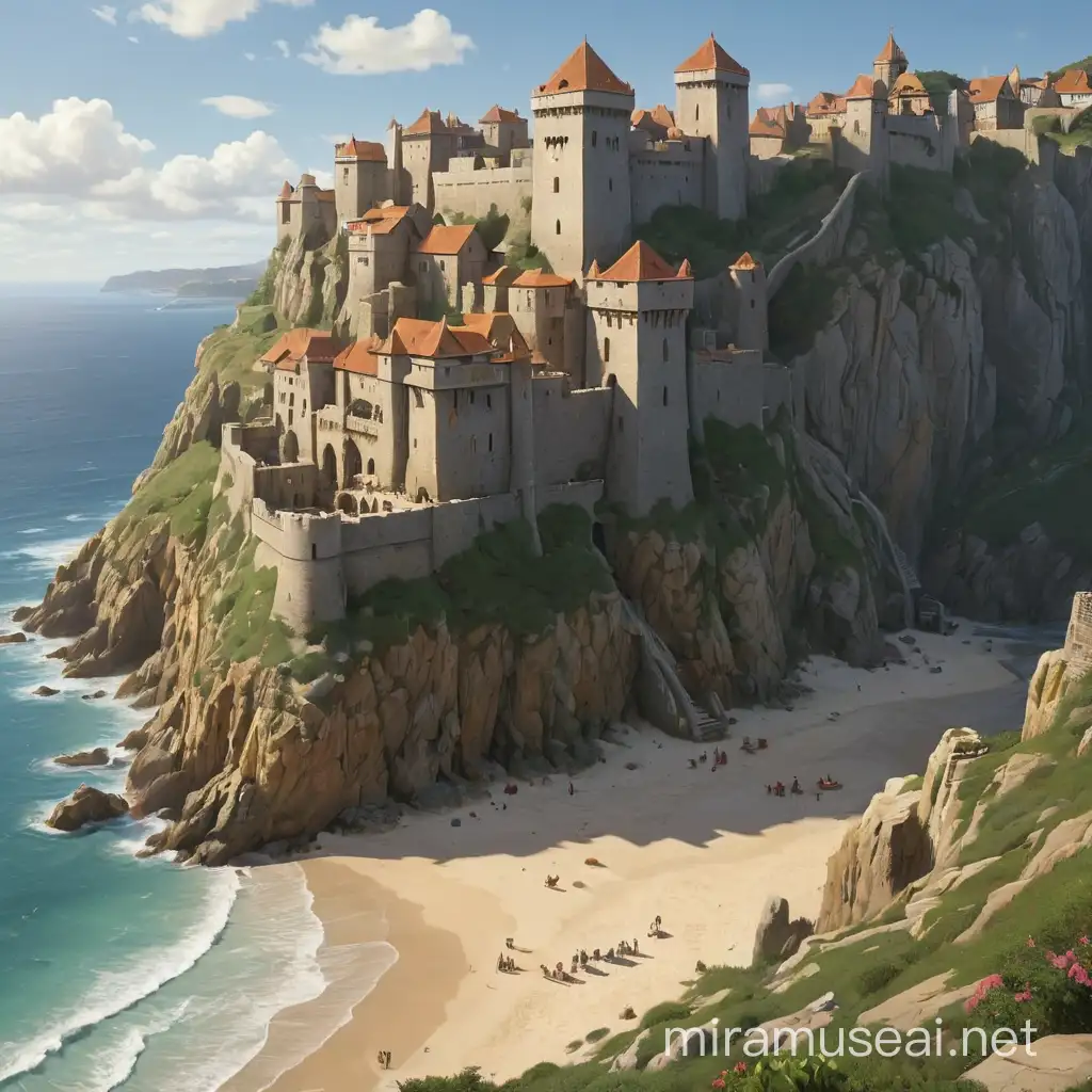 Dungeons and dragons, small fortified city with high walls built on a cliff top, beach below the cliff