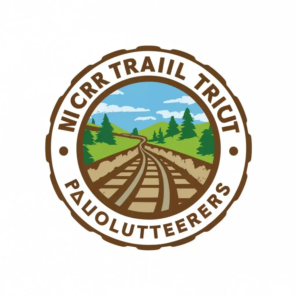 a logo design,with the text "NCR Trail Volunteers", main symbol:railroad tracks, trees, hiking trail,Moderate,clear background