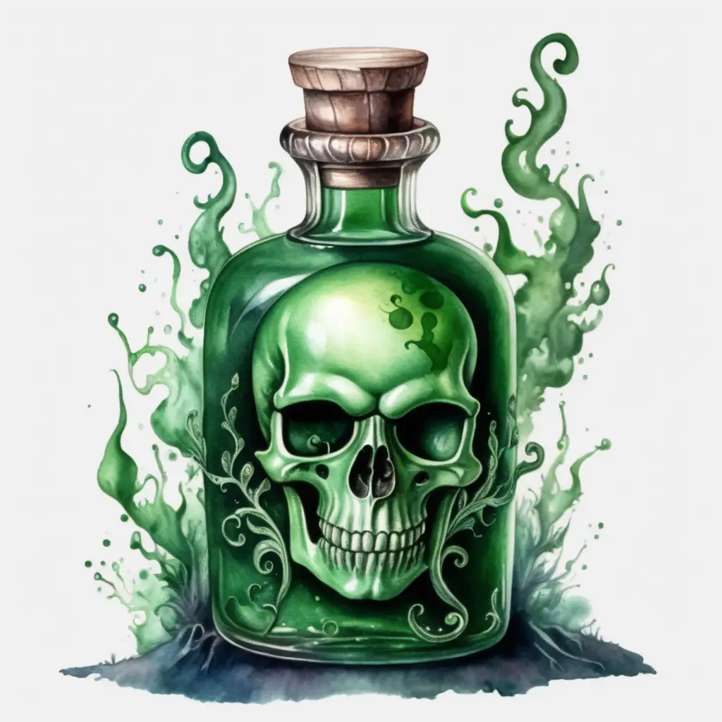 dark green poison in fantasy bottle, dark watercolor drawing, no background