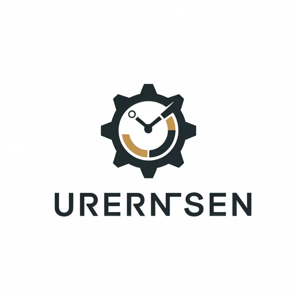 a logo design,with the text "UrBerntsen", main symbol:A cog with a watch dial inside. The watch hands are at 8 and 2.,complex,be used in Technology industry,clear background