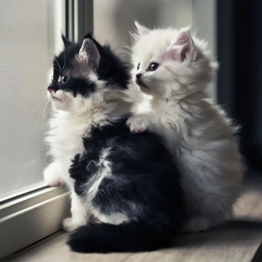 Два пушистых котенка белый и черный, с пушистыми хвостами стоят на задних лапках и смотрят в окно. черный, с пушистыми хвостами