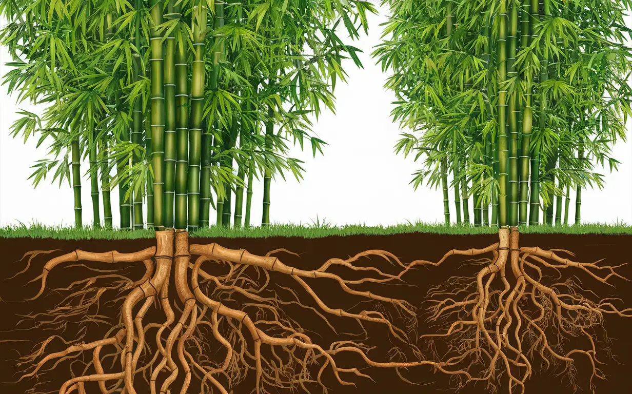 直立的竹子，从侧面看到地上地下，地上部分看到竹子的重重绿意，地下部分看到盘综错杂的发达根系