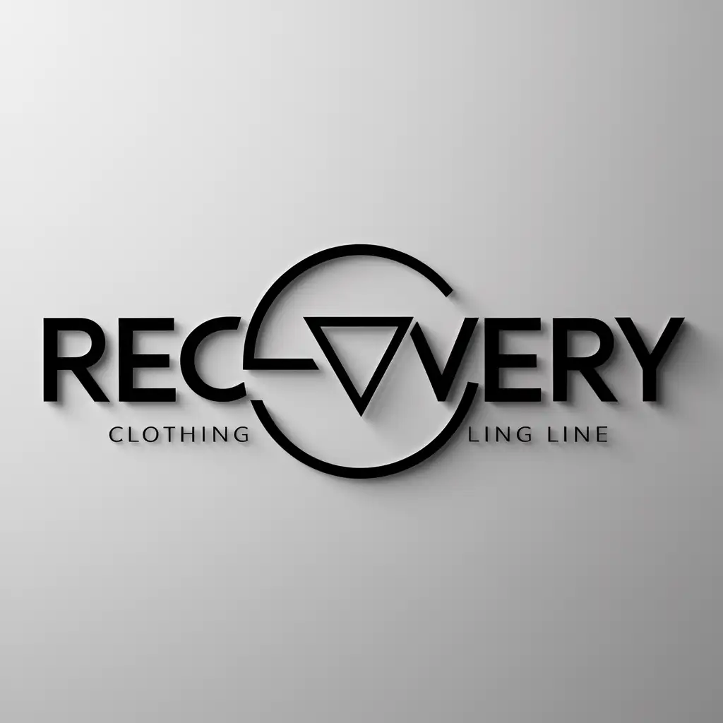 "Design a captivating logo for your brand-new clothing line, seamlessly blending the word 'recovery' with the symbolic representation of recovery, a triangle inside a circle. Present the design against a clean, minimalist background to convey a sense of sophistication and clarity in your brand identity."