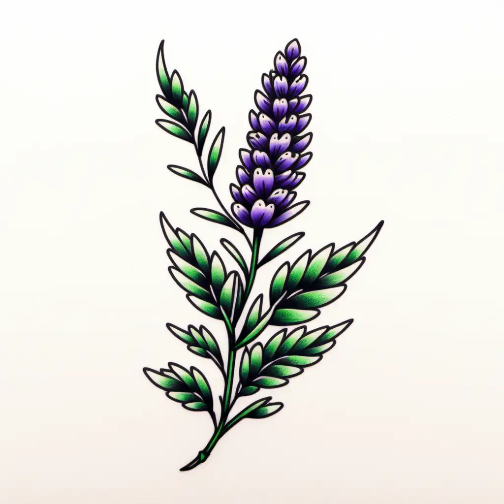 Minimalist traditional tattoo flash drawing, lavender sprig with purple petals and green leaves