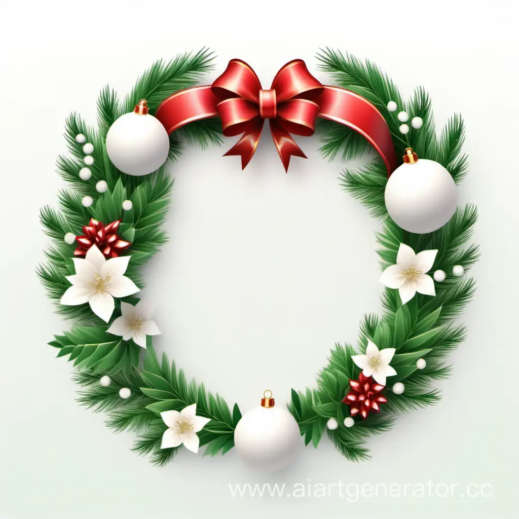 simple icon of a 3D Christmas Ball Ribbon Pine Branches And Green Leaves Border bouquets floral wreath frame, made of border Ribbon Christmas Ball Jasmine flowers flowers. white background.