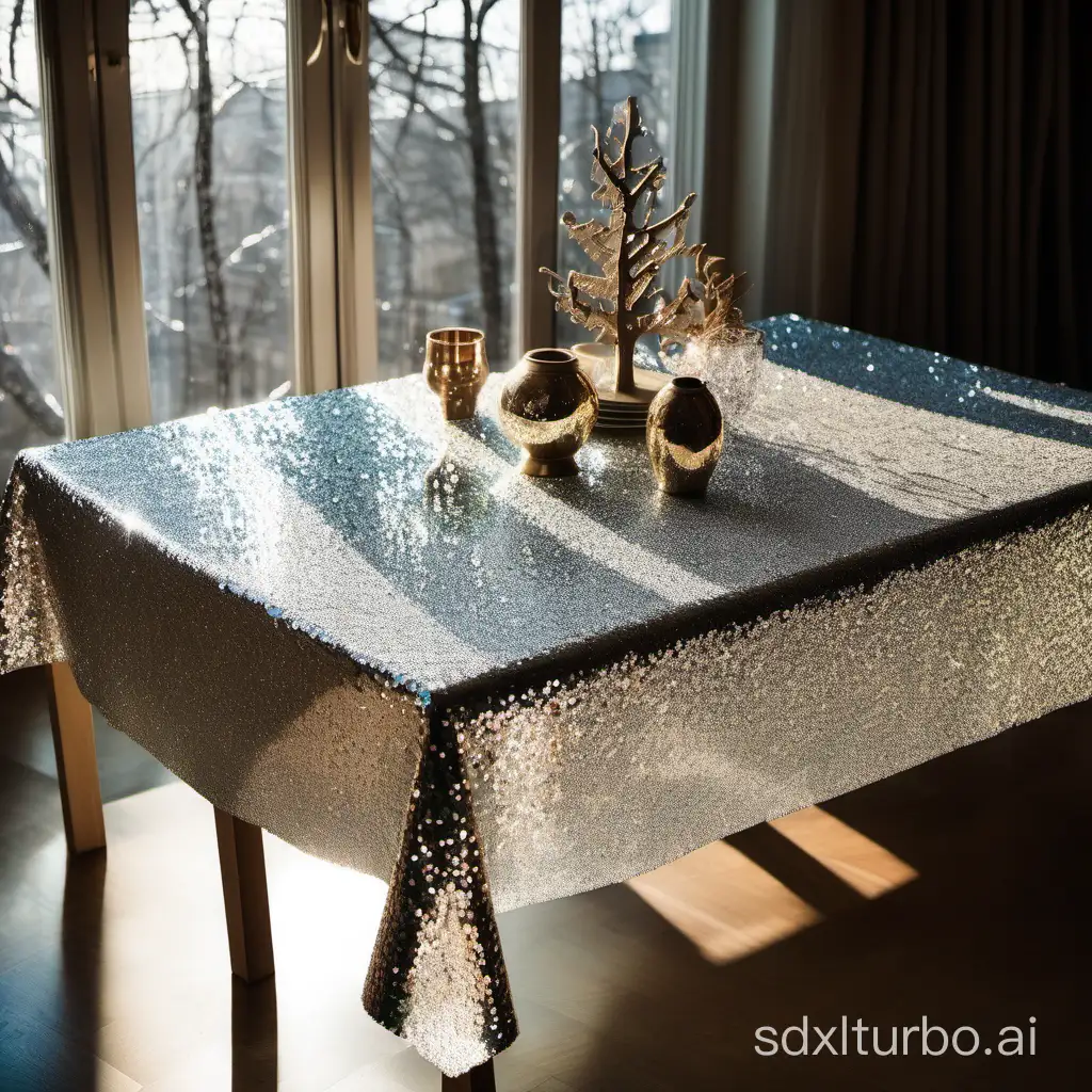 sequin tablecloth at home, casting shadows from the trees inside the room.