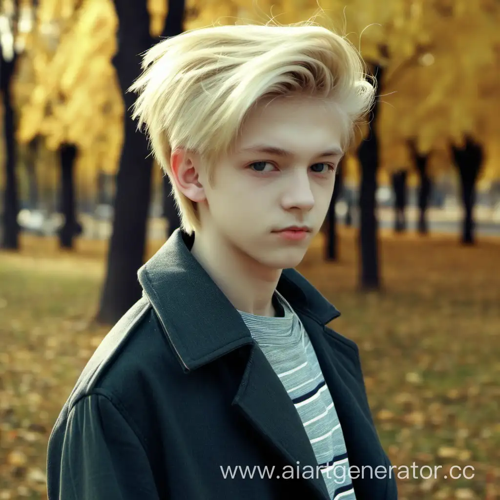 Русский парк, осень, красивый парень 16 лет, блондин, андрогин, модельная прическа. Девушка, 15 лет.