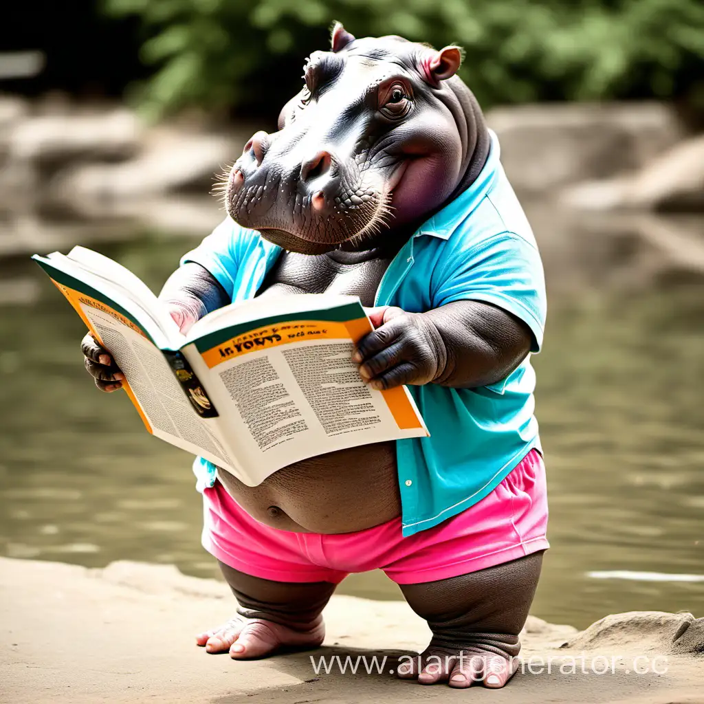 ShortsClad-Hippopotamus-Engrossed-in-Reading
