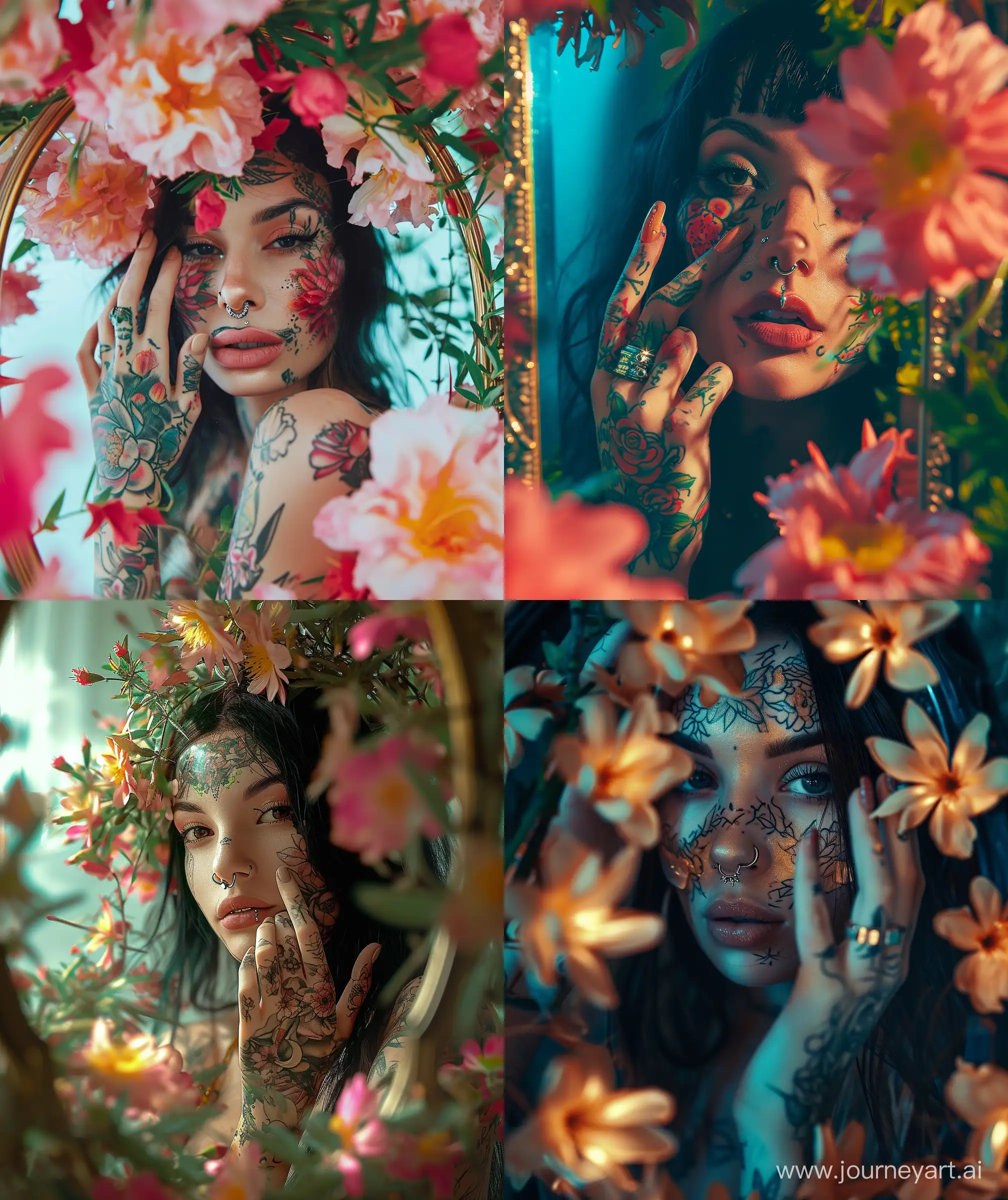 Girl with beautiful flowers around, looking at mirror, face and hand tattoo, beautiful modern get up , nose ring , glossy body, lumination, --ar 27:32 --v 6