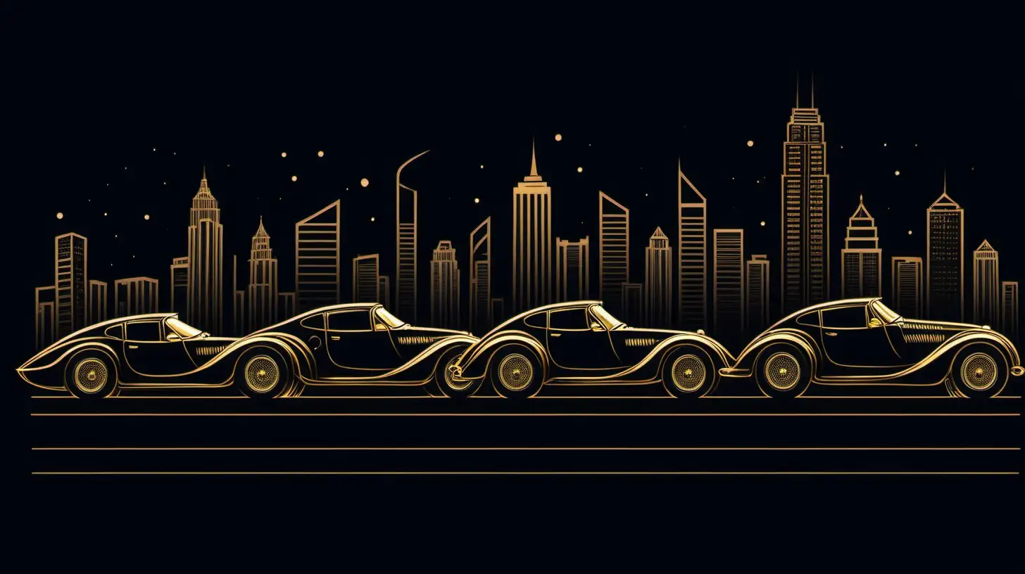 outline of vintage sports cars racing in the city, in at night, from profile, gold and black, skyscrapers in the background