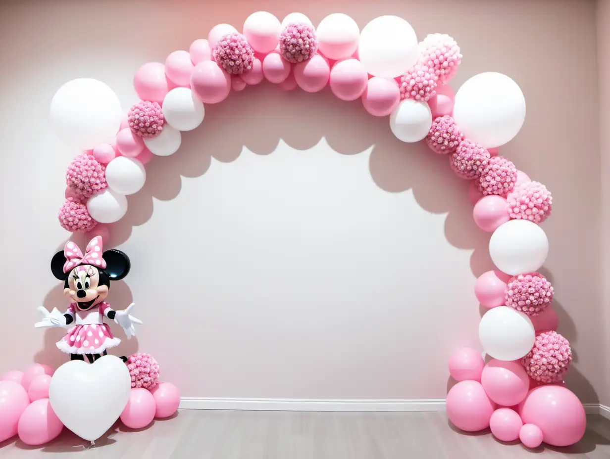 pared con blanca con lunares rosados, piso blanco, arco de globos rosados y blancos, orejas de minnie, muñeca minnie, flores y destellos