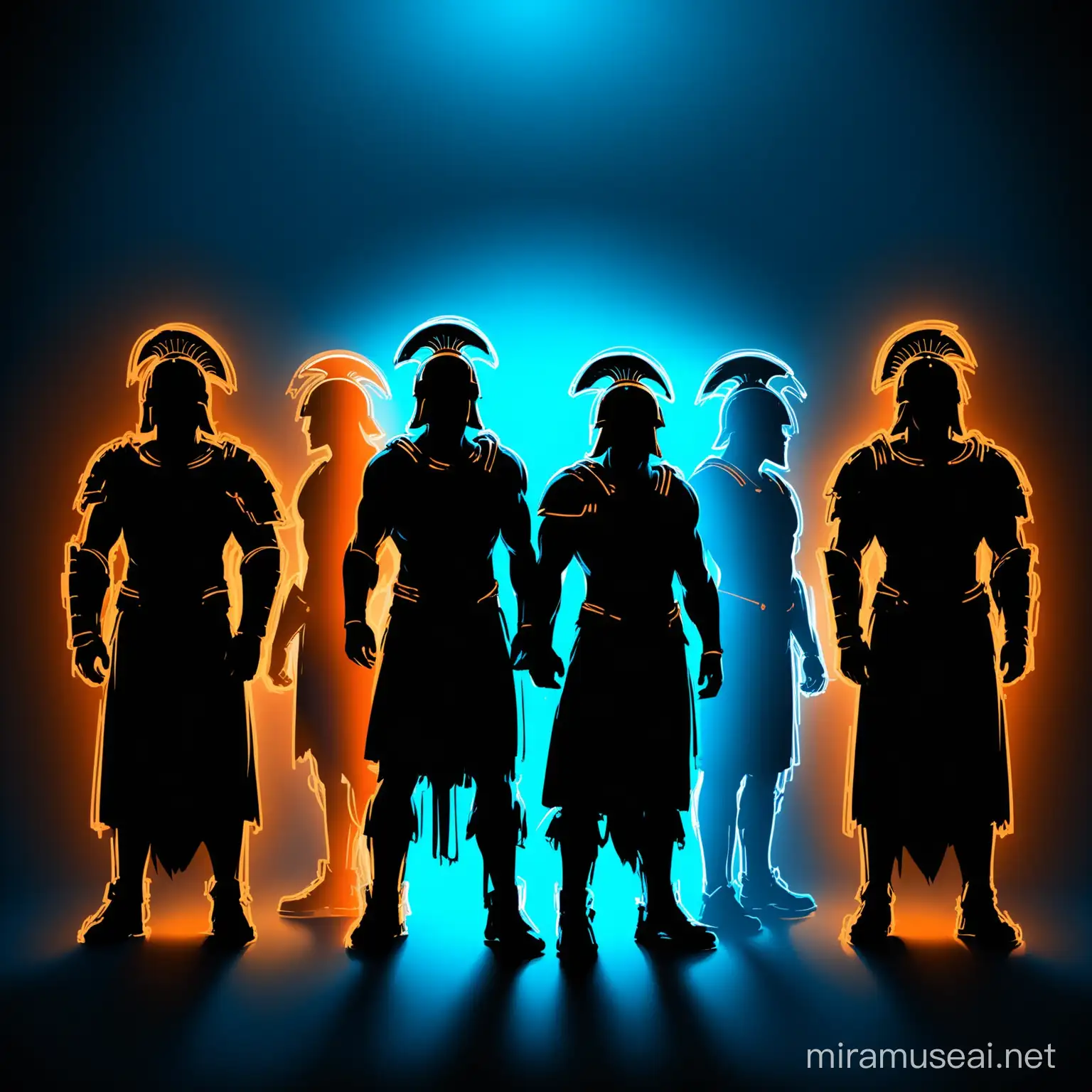 sillouette of a gladiator (group)
appreance- neon white/black/blue/orange/full body/warrior/ gladliator-attire/
background- noir/neon blue/greek/rome/