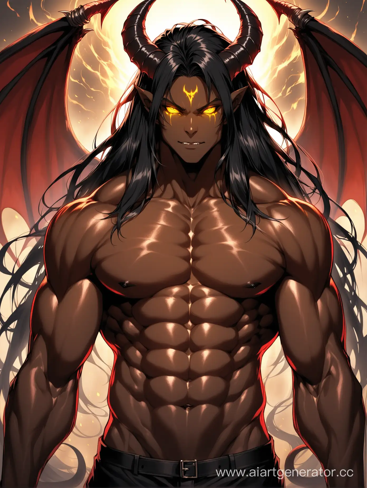 Demon, kind face, human face, kind look, dark skin, humanoid, horns. Black hair, gray horns, long hair flowing over his shoulders.  Muscular, toned body. Yellow sclera of the eyes, red irises.  Demon Wings, demonic tail