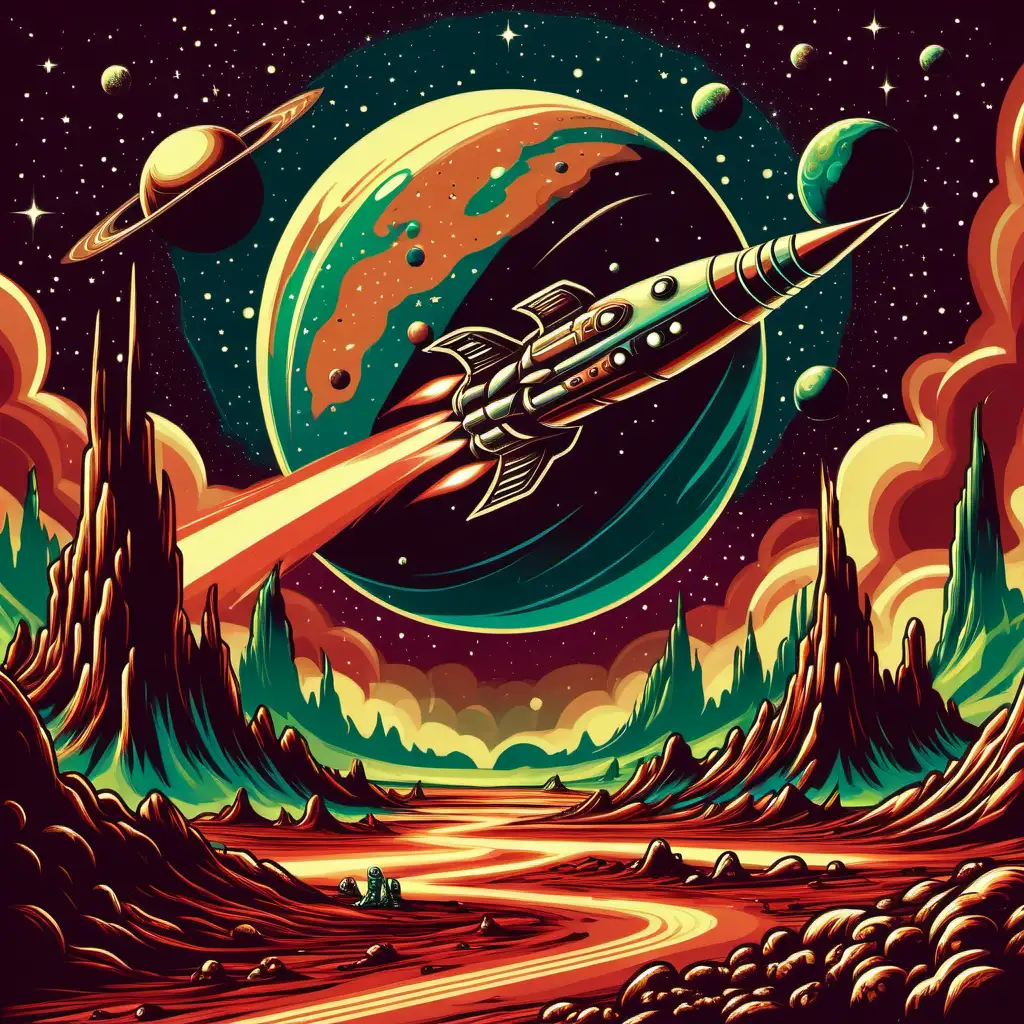 retro space design of an alien planet with a rocket flying past