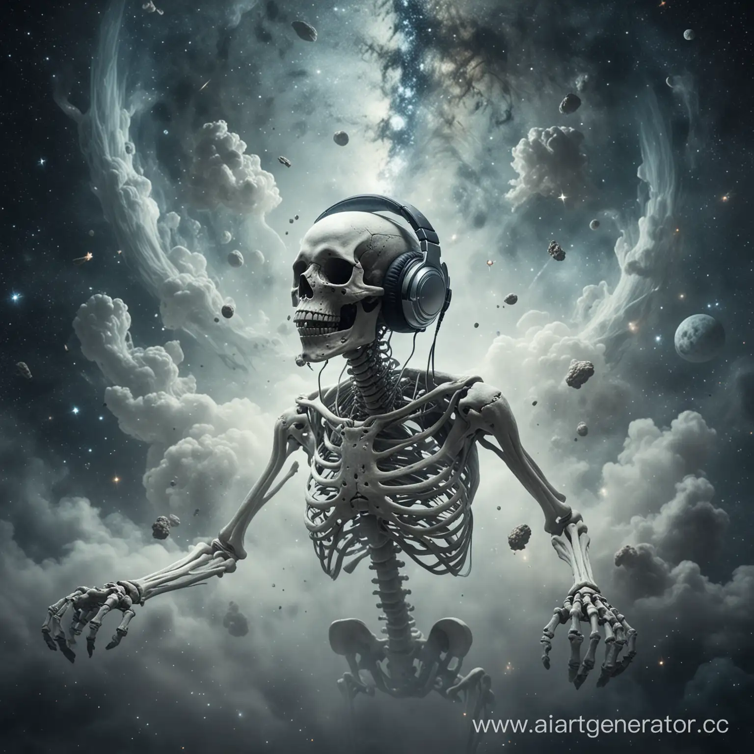 skeleton wearing headphones flying in space, fog, dreamy