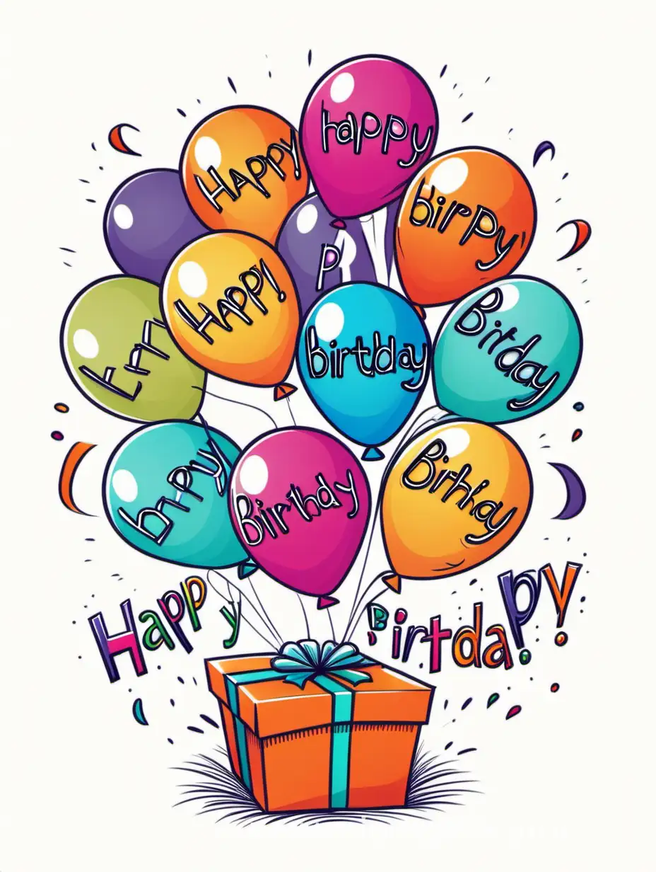 Пожалуйста, нарисуйте картинку для поздравления с днем рождения. На изображении должны быть яркие цвета, воздушные шарики, подарки и надпись "С днем рождения!"