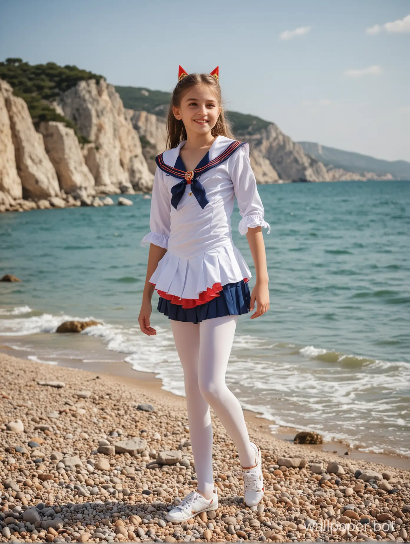 Beautiful girl 10 years old in Crimea by the sea in a Sailor Moon costume, full-length, children of different ages around, dynamic poses, posing, smiling
