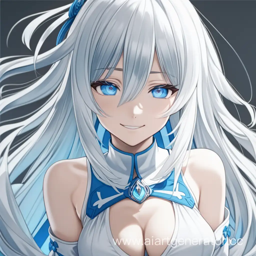 anime girl with blue eyes and white hairs. in white and blue dress, with sly grin, have a big chest