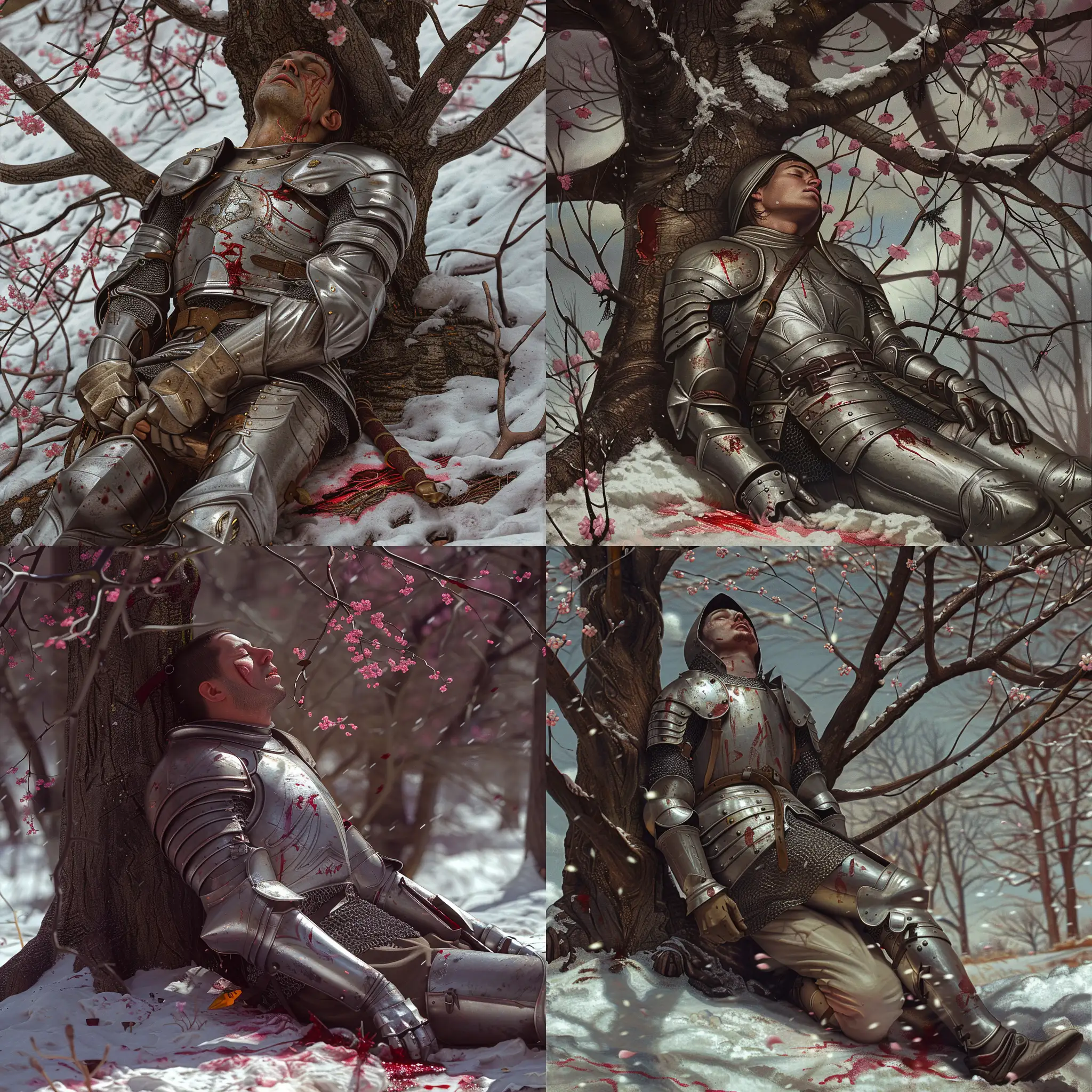 A detailed image of a medieval soldier in silver armour sitting propped up on a tree with his eyes closed. He is dying. There is snow on the ground and some bright blood around him. The tree is bare apart from a few pink blossom. Beautiful magical mysterious fantasy surreal highly detailed