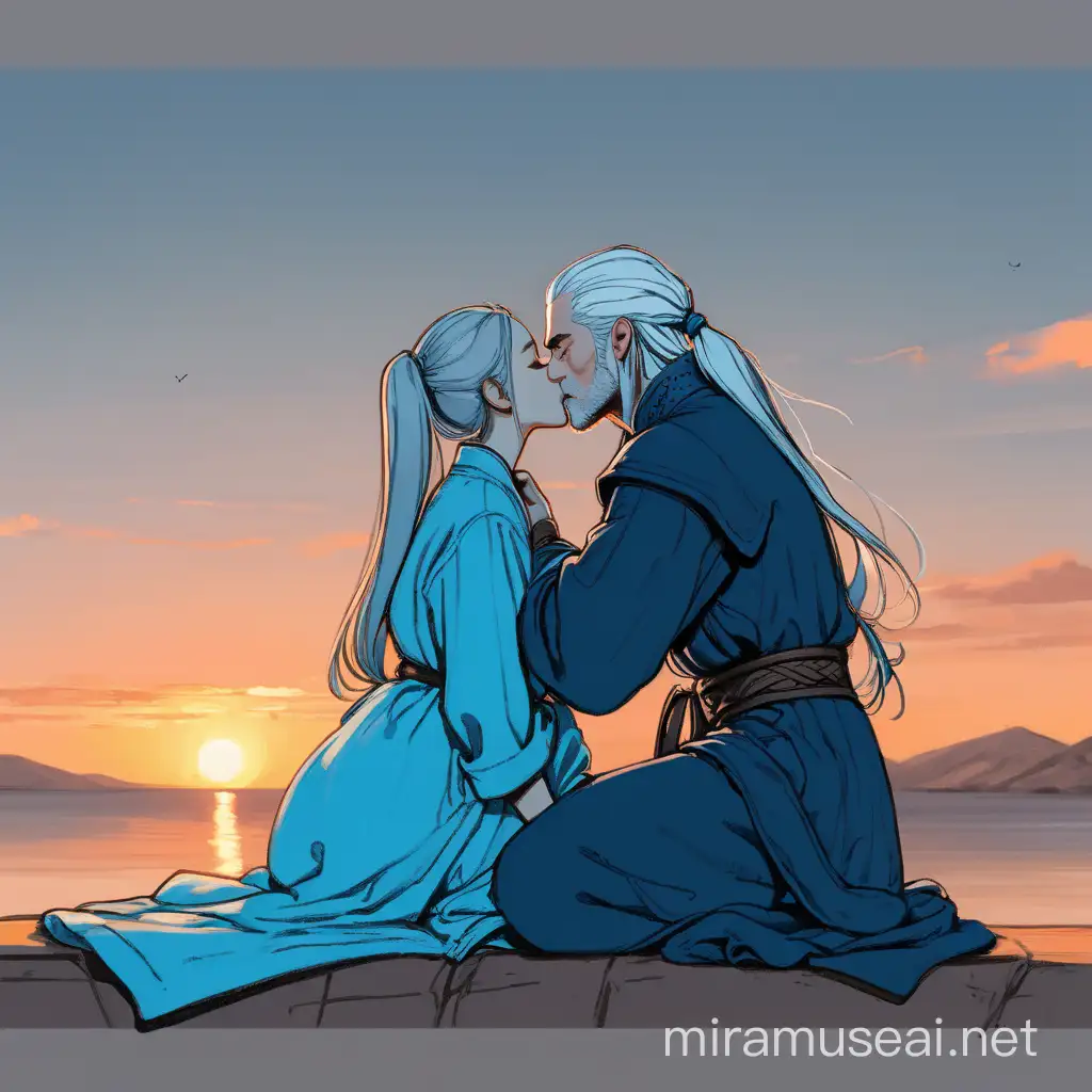 Romantic Sunset Kiss Couple in Blue and Gray Embrace