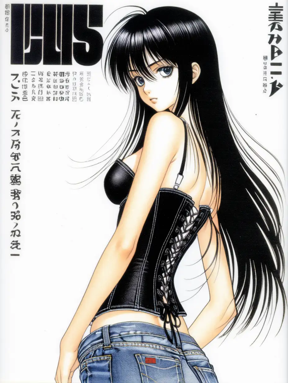 Ilustracion de Takeshi Obata de una modelo con un corset y , pelo negro media melena y pantalones vaqueros. a y es una portada para un manga con fondo blanco