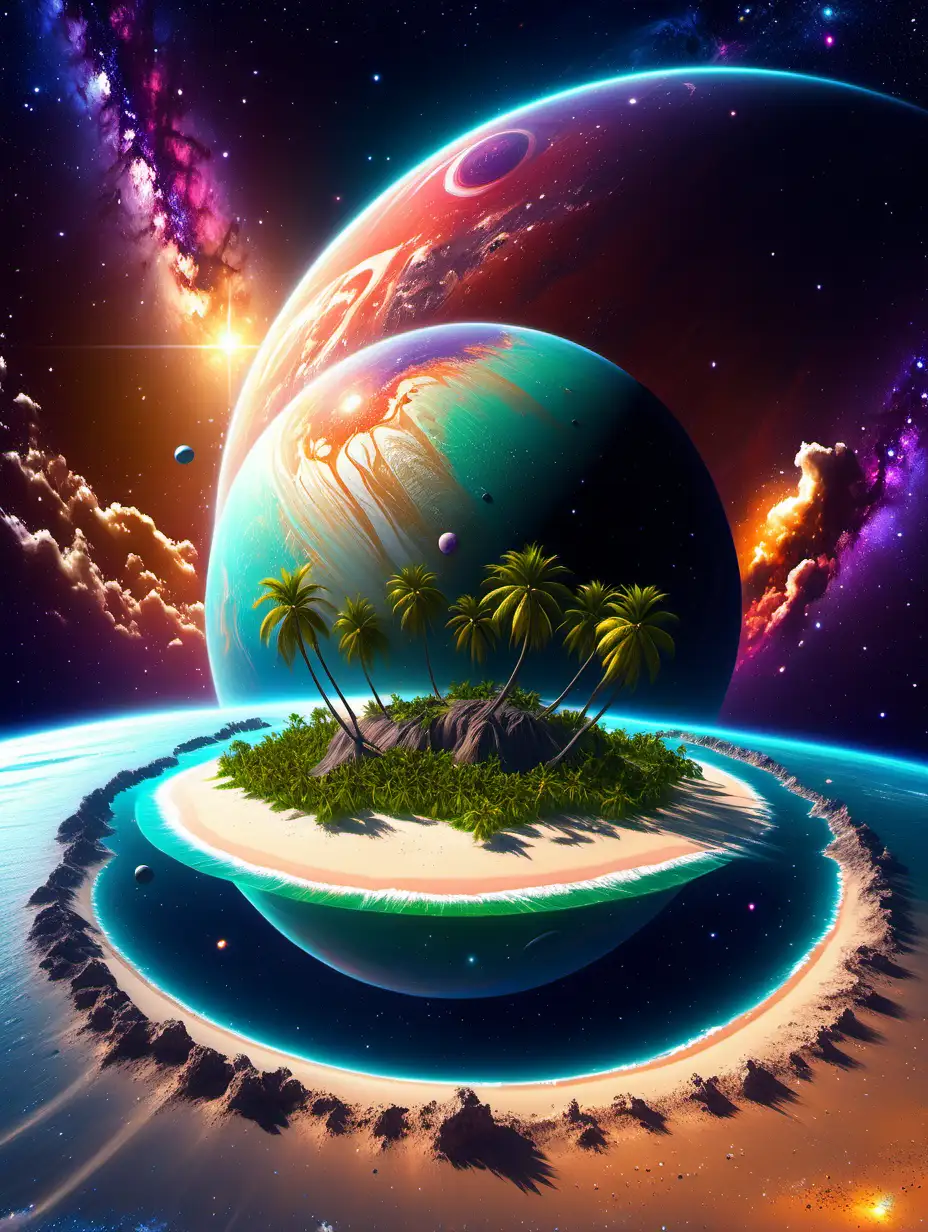 an island with palm trees and a sandy beach is shown on a planet in outer space with a beautiful colorful sky with stars and planets