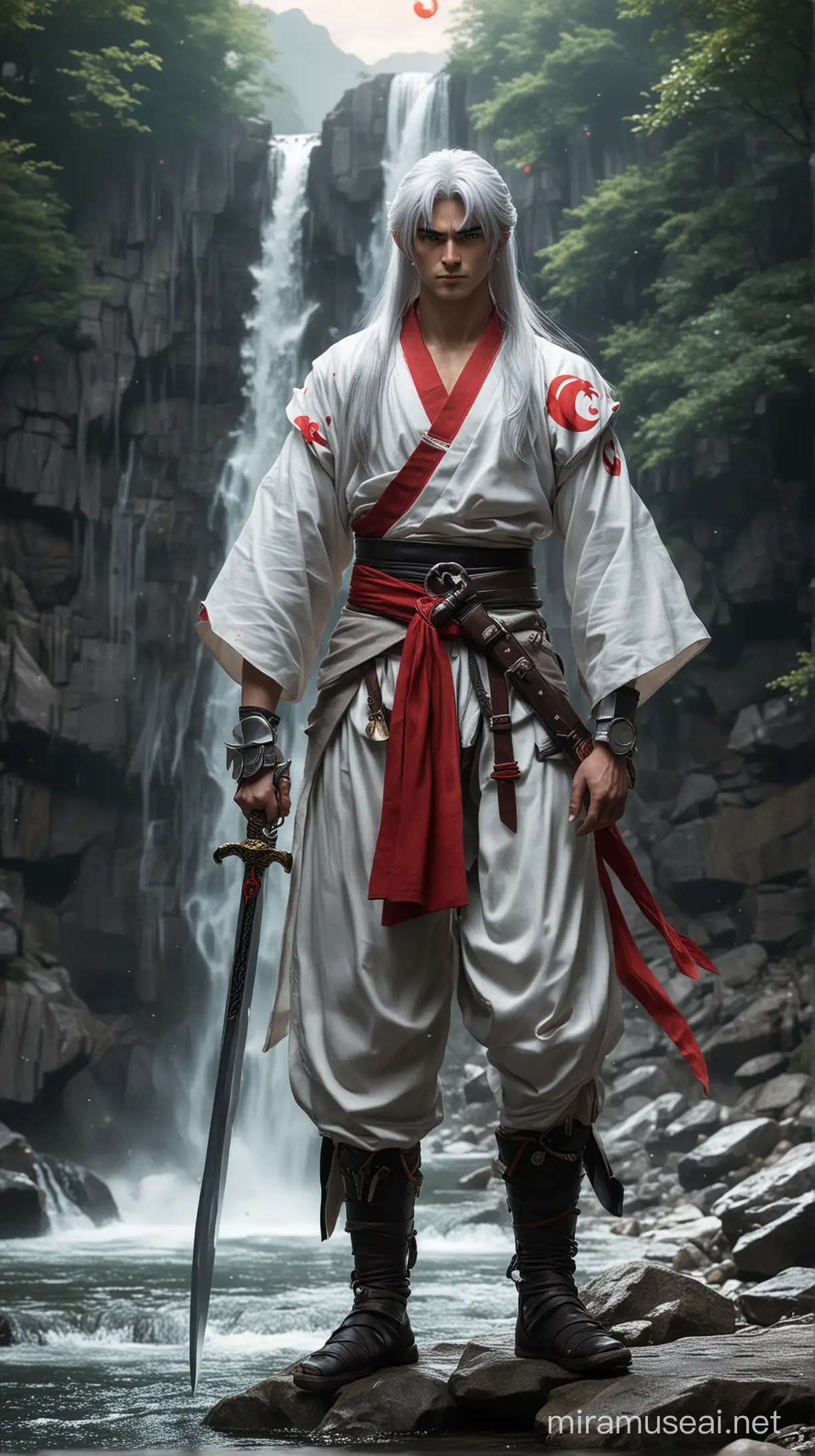 Majestic Sesshomaru with Chrome Sword by a Serene Waterfall