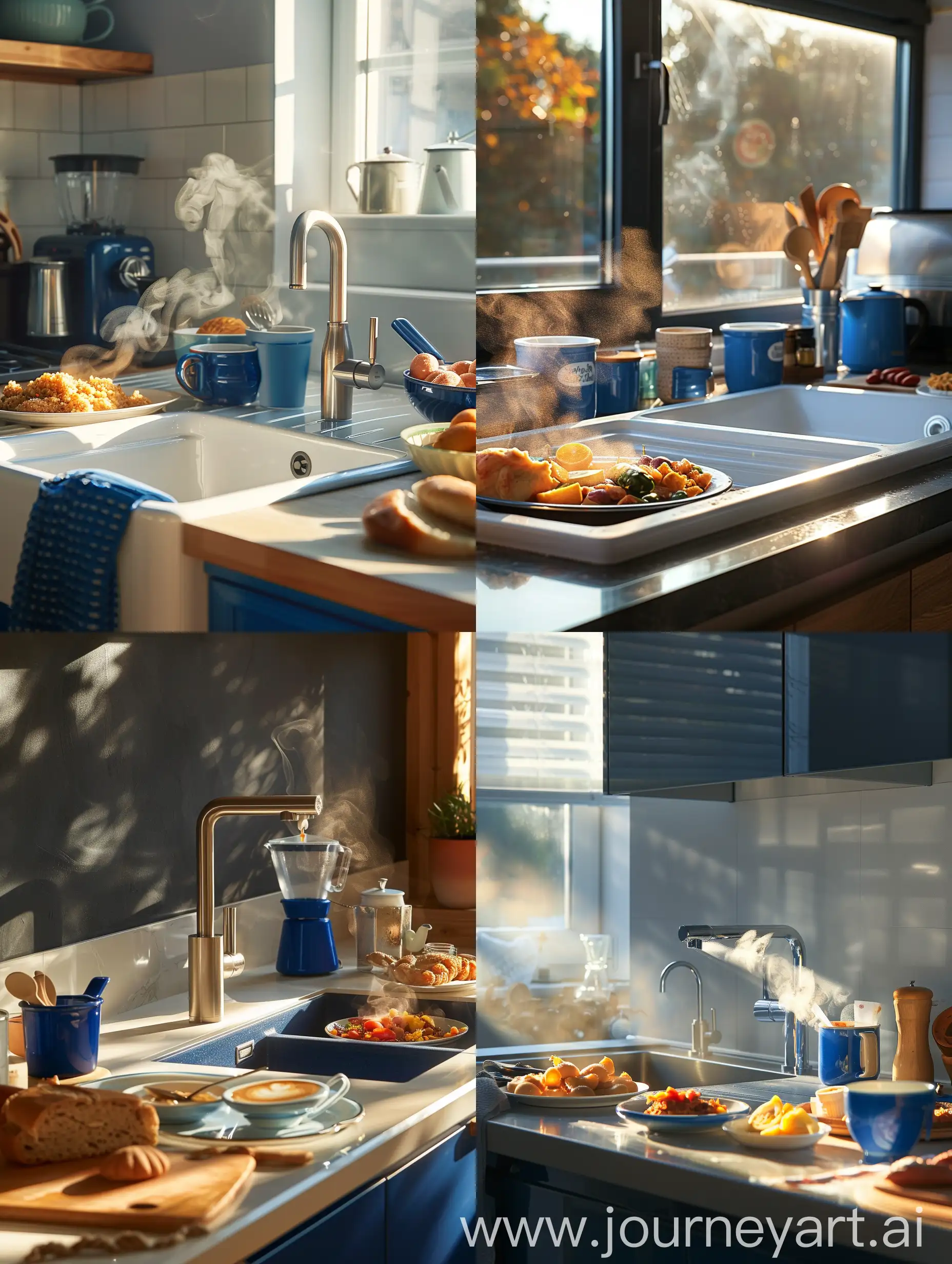 dettaglio di un lavandino della cucina con accessori blu. cibo e caffè fumante sul bancone. Stile moderno. luce del mattino calda