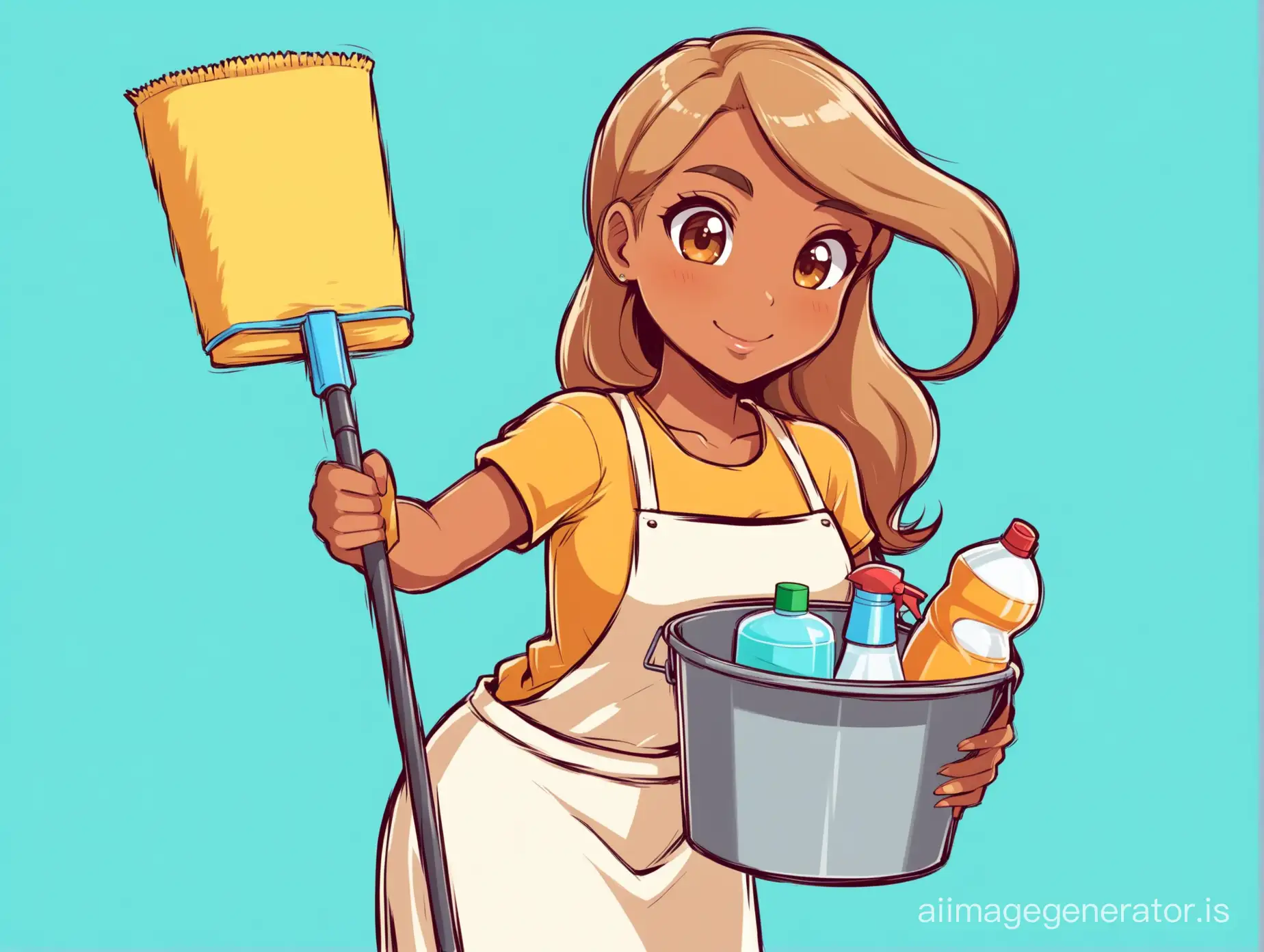 Woman cleaner holding a bucket with cleaning products inside cartoon long light brown hair and tanned skin with a light blue background