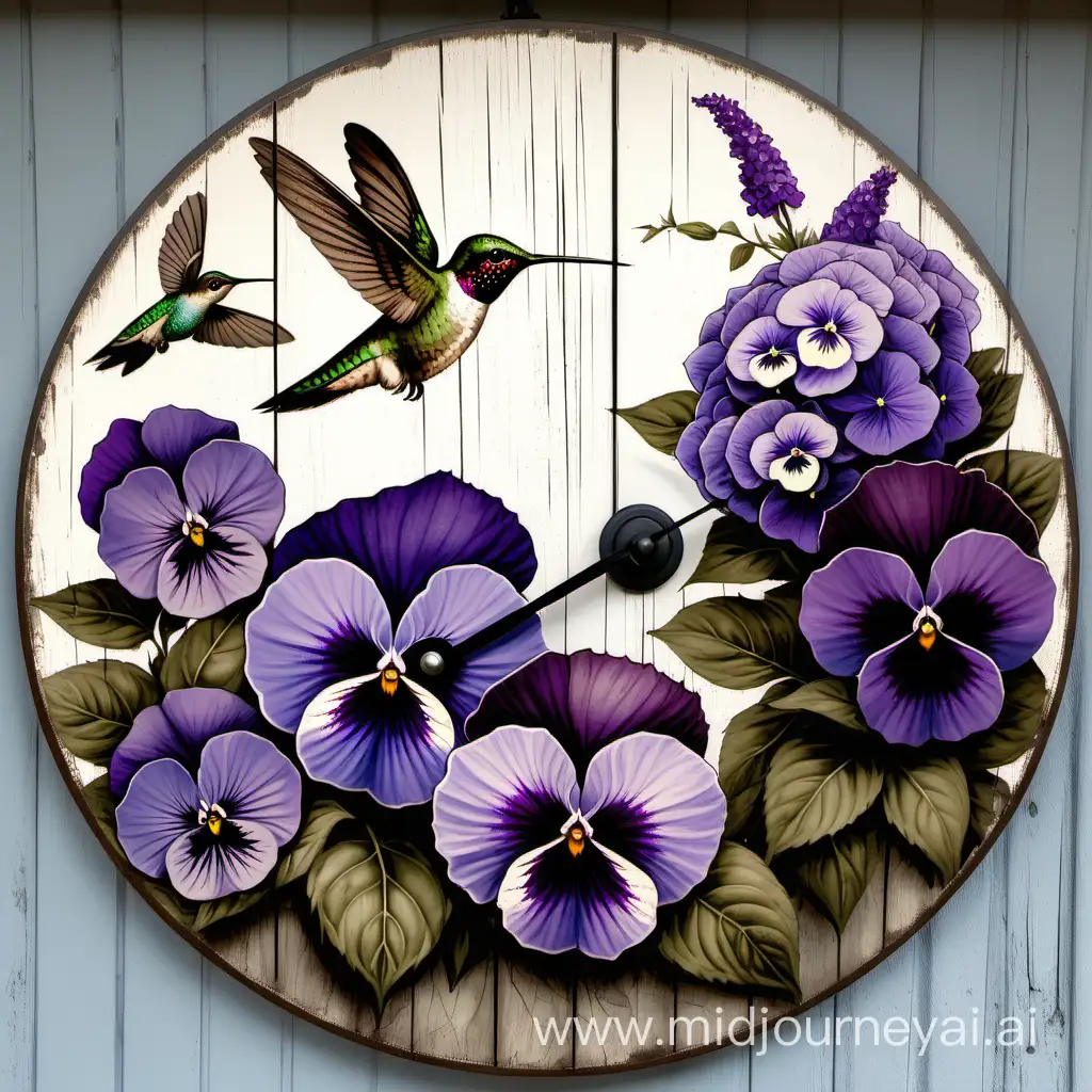 12 INCH DIAMETER IMAGE WITH PURPLE HYDRANGEAS, PURPLE PANSIES, ON A RUSTIC DISTRESSED AND WEATHERED BACKGROUND WITH A ONE MAIN HUMMINGBIRD AND 2 HUMMINGBIRDS IN THE BACKGROUND