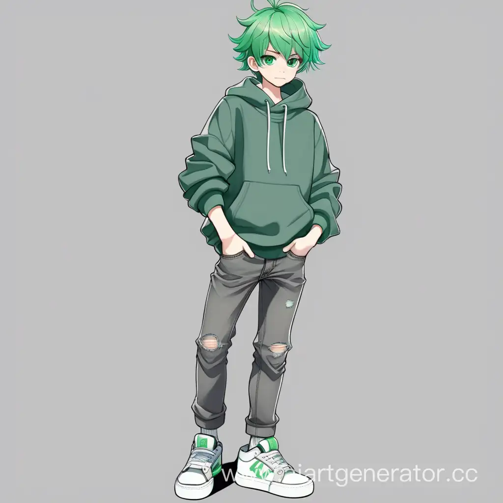 мальчик с зелёными волосами , зелёными глаза , серой толстовкой , тёмно-серых джинсах, в кедах , в стиле аниме