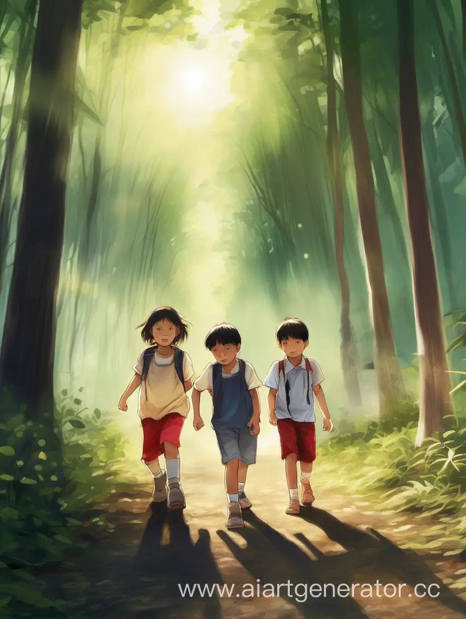 дети гуляют в лесу им жарко и они гуляют вместе много дитей