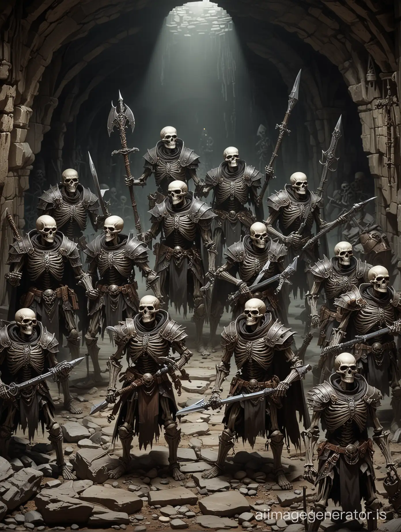 Fantasy-Dungeons-Dragons-Scene-Nine-Skeletons-Armed-with-Weapons-and-Armor