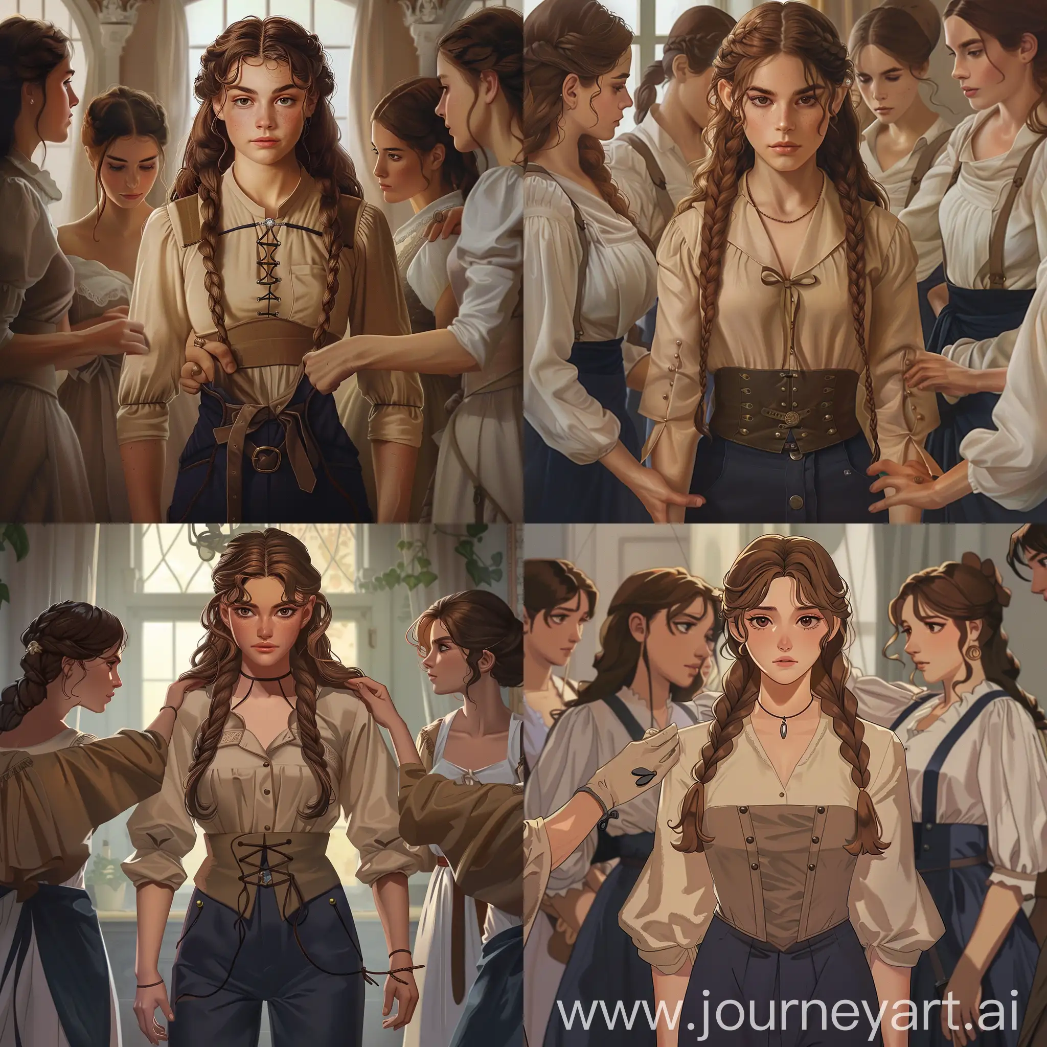 A young, brown-haired, human princess is getting ready for her first diplomatic mission. She is surrounded by her maids. She looks determined. She has long, braided brown hair; she is dressed in a beige shirt with a small corset, minimal jewellery and navy pants.