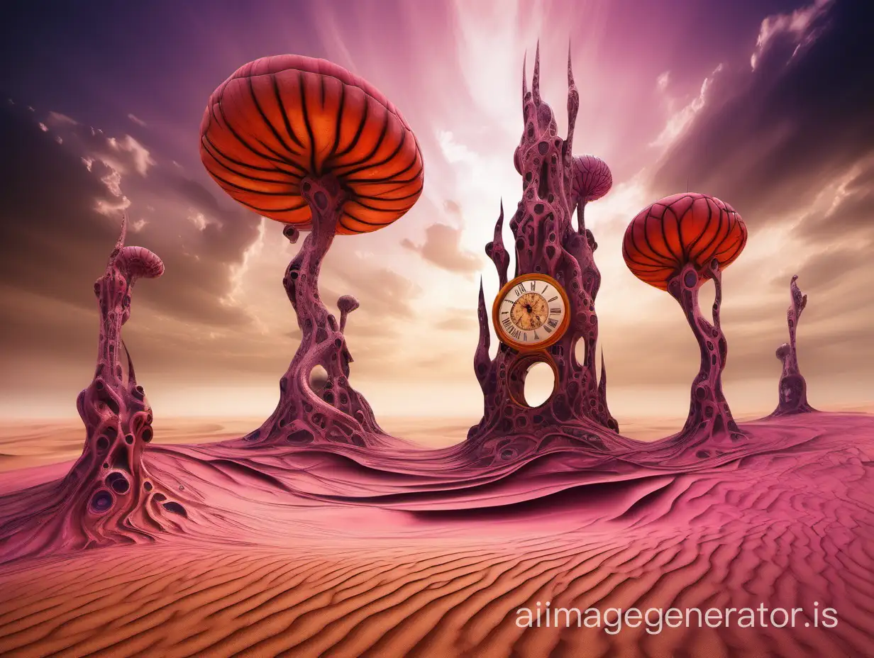 Imagine a vast, undulating desert landscape under a sky swirling with vibrant hues of orange, pink, and purple, reminiscent of a Salvador Dali dreamscape. In the foreground, several melting clocks drape over the uneven surfaces of sand dunes, their forms distorted as if succumbing to the intense heat of this surreal environment. The clocks, with their silver patinas, seem to defy the laws of physics, bending and stretching in ways that challenge the viewer's perception of time and reality.  Further back, towering structures rise from the desert floor. These are not ordinary buildings but surreal towers, their shapes inspired by natural forms yet distorted in impossible ways. One tower twists like a strand of DNA reaching for the heavens, its surface a shimmering mosaic of colors that reflect the surreal sky above. Another resembles a giant tree, its branches and roots woven into the fabric of the desert, creating a labyrinthine structure that invites exploration.  Between these towers, the desert is alive with peculiar details: a staircase that leads nowhere, perched on a dune; a door standing alone, inviting the viewer to step through into another dimension; and scattered throughout the scene, small oases that mirror the sky above, their waters a portal to a tranquil yet equally surreal world.  The entire scene is bathed in the soft, ethereal light of the setting sun, casting long shadows and enhancing the dream-like quality of the landscape. The contrast between the melting clocks, the organic yet impossible architecture of the towers, and the natural beauty of the desert creates a scene that is both disorienting and mesmerizing, inviting the viewer to question the nature of time, reality, and the power of imagination.