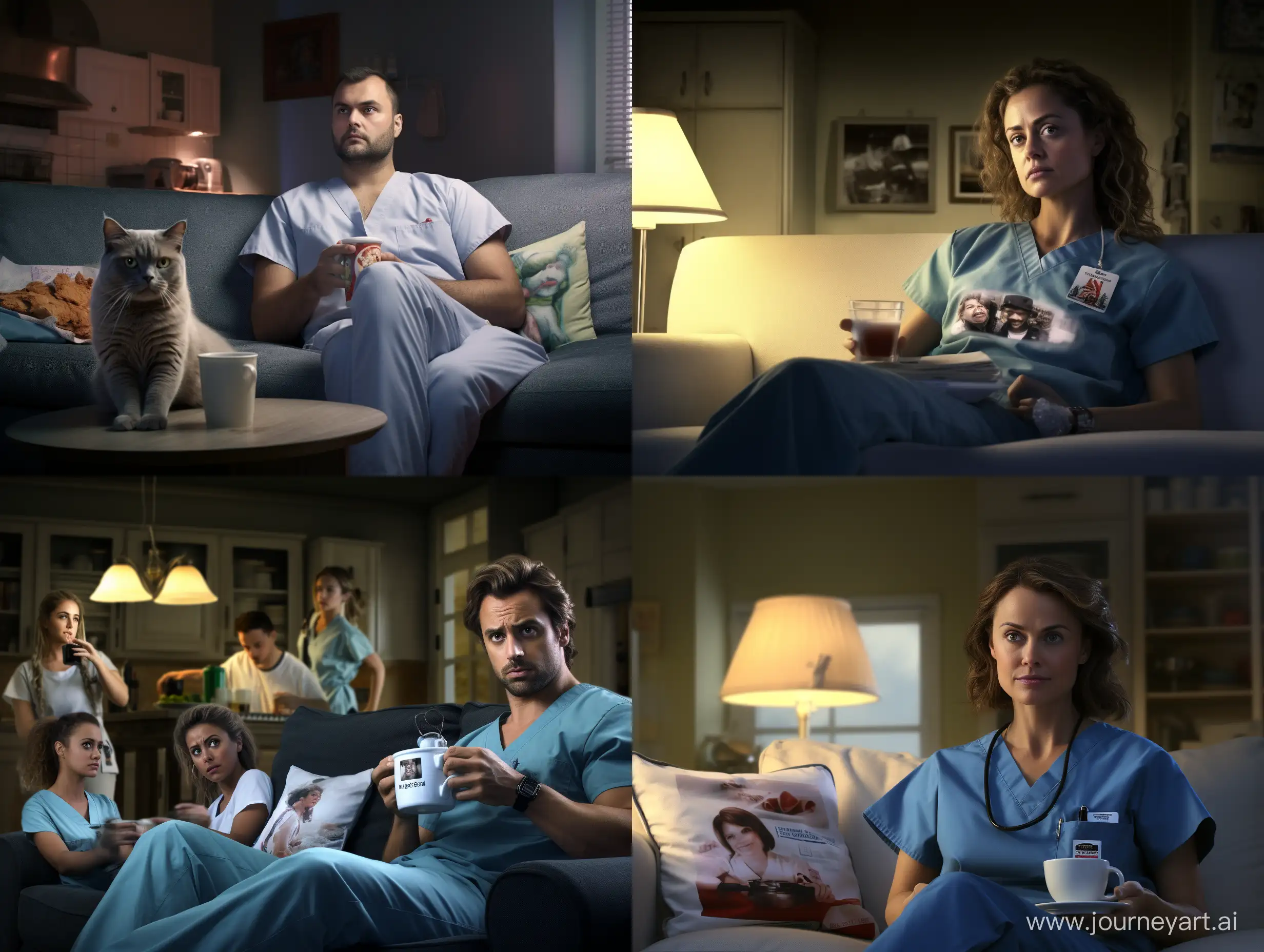 An Italian female nurse, sitting on a grey sofa, she is watching tv, a birman cat in the background, wide angle portrait photograph, brightly lit room, cup of tea on the table in foreground. 