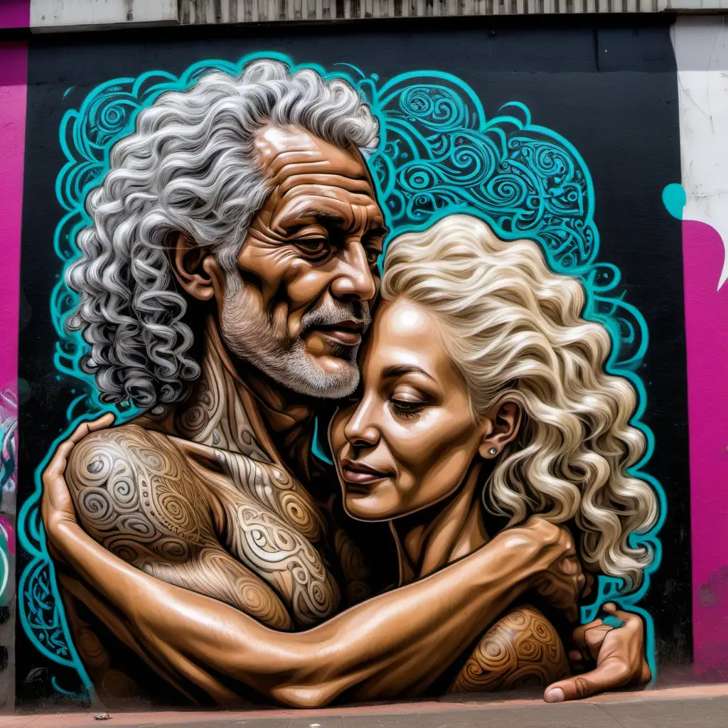 ayahuasca brazil street art - a man with curly grey hair holds a blonde woman and she knows she is deserving of love for eternity