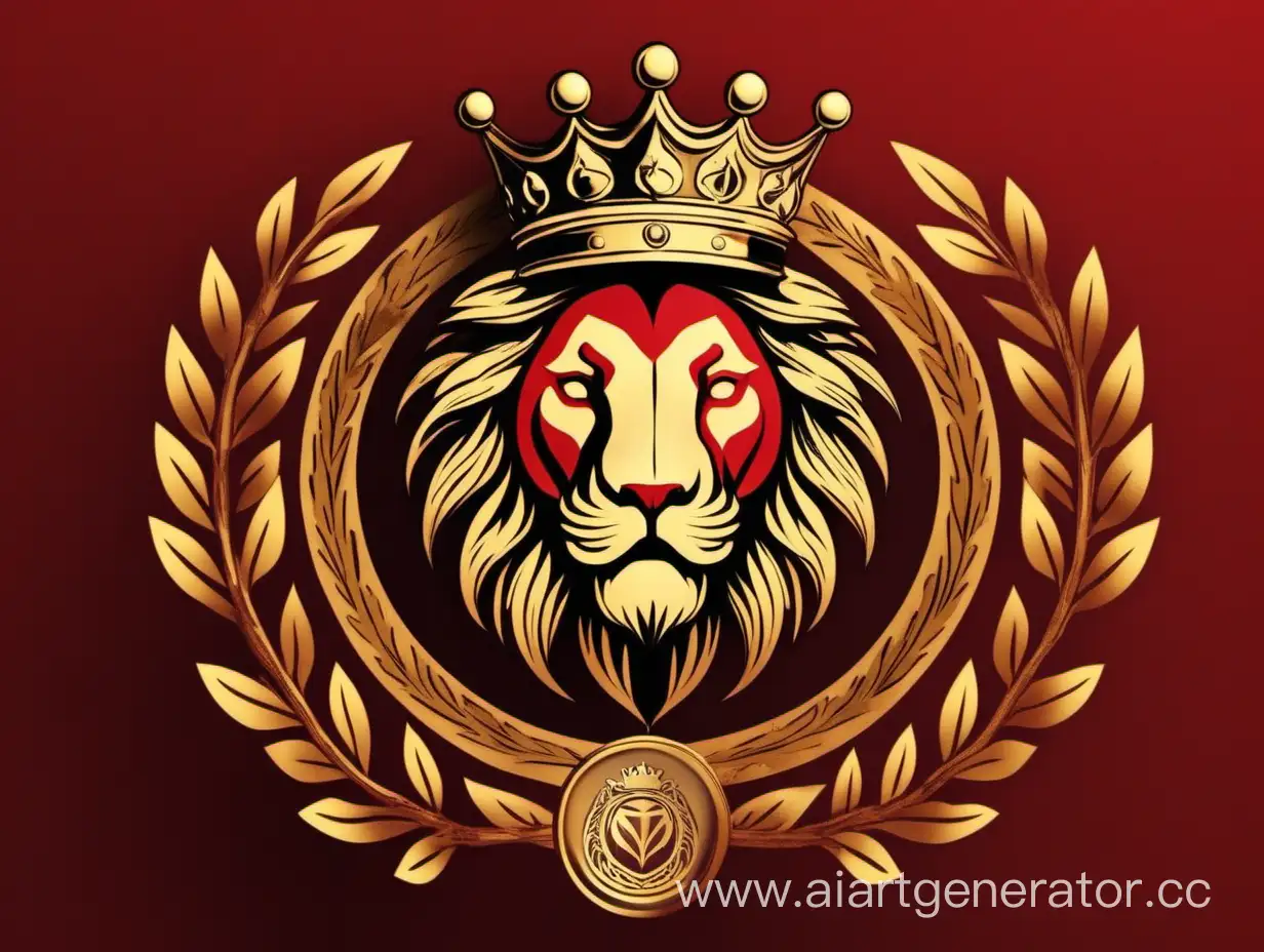Логотип состоящий из красного цвета и золотого на нем присутствует глобус вокруг которого иметься дубовый венок и голова льва с короной