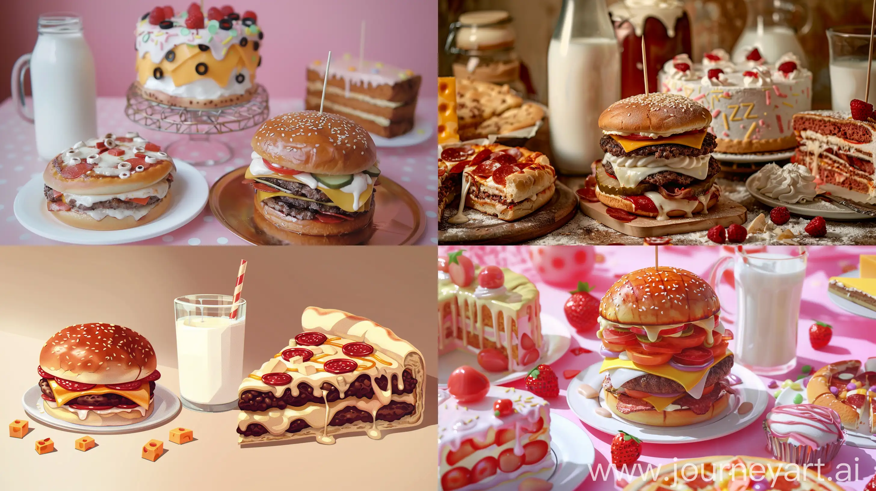 Delicious-Fantasy-Feast-with-Burger-Pizza-Cake-Milk-and-Cheese
