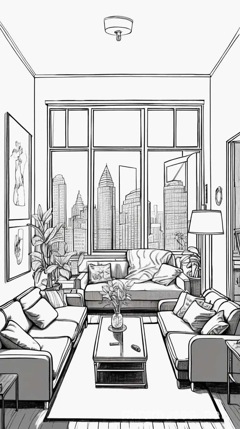 Urban Living Room Interior with Central Sofa Drawn Style