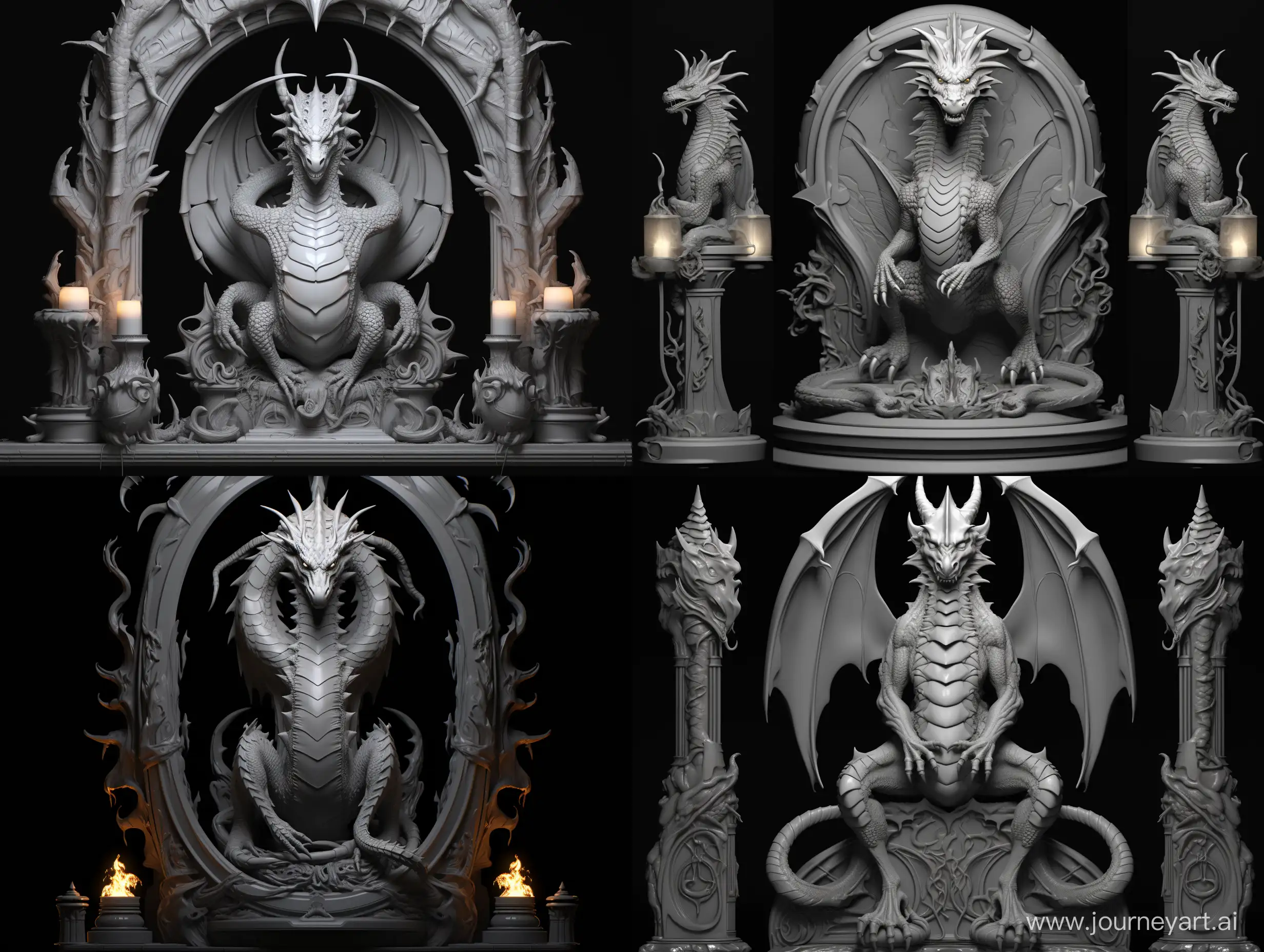 pro sketch greyscale for wood carving, life size portal with mirror dragons next to a lit candle, in the style of Nick Bibbi, very detailed, dynamic pose, front, back and side view, wood carving, step by step drawing, Artstation, highly detailed, making of, black background, 8k rendering, ultra realistic