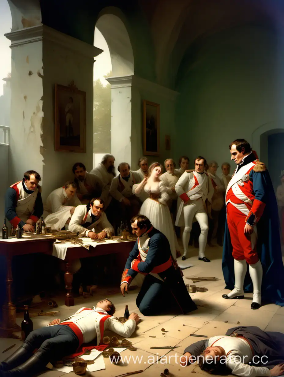 Наполеон стоит на коленях перед Толстым ,на полу раскиданы капканы, внутри замка. пивные бароны и ликёрные сёстры.