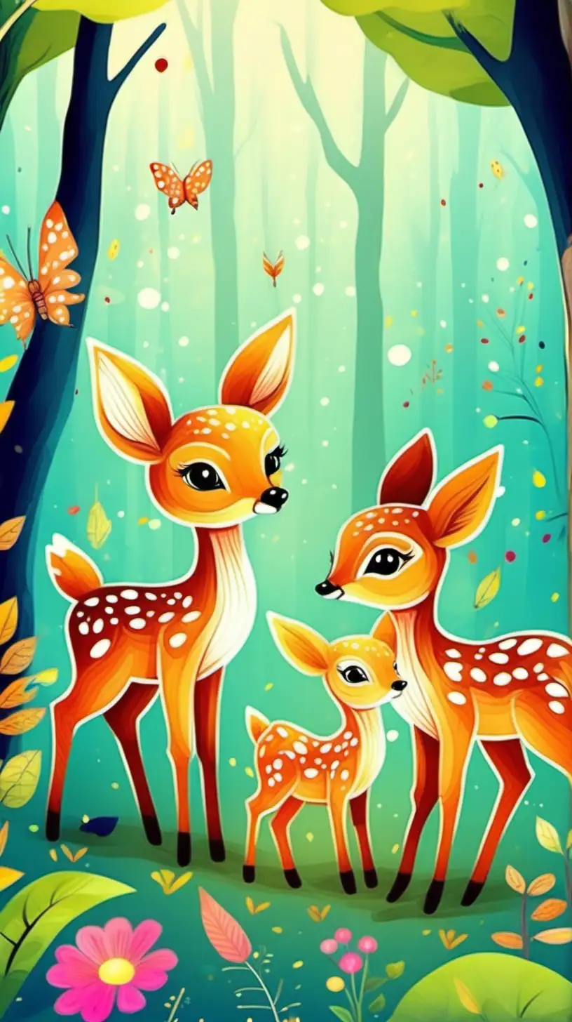 маленькиe милыe лесные животные, детский цветной рисунок в сказочном лесу, оленята