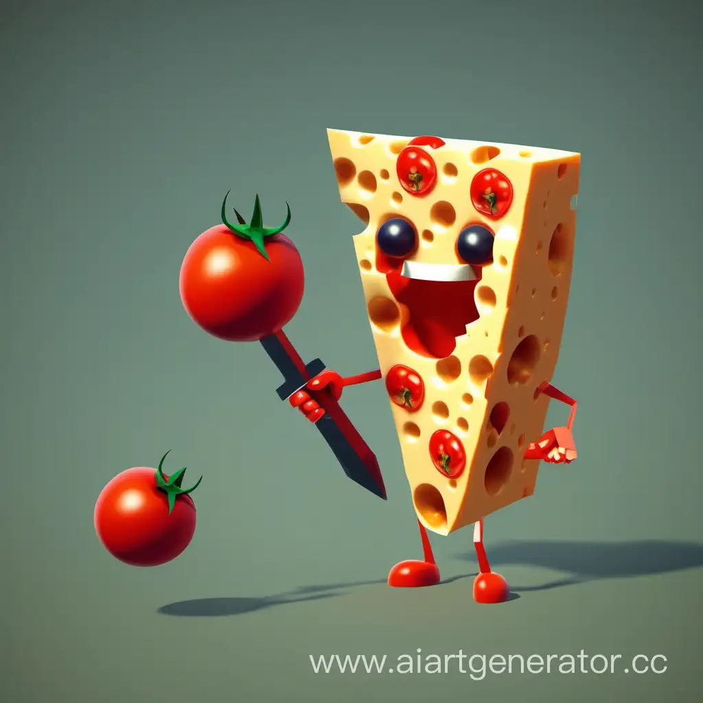 Cheese-Warrior-Defending-Against-Evil-Tomatoes-Low-Poly-Fantasy-Art