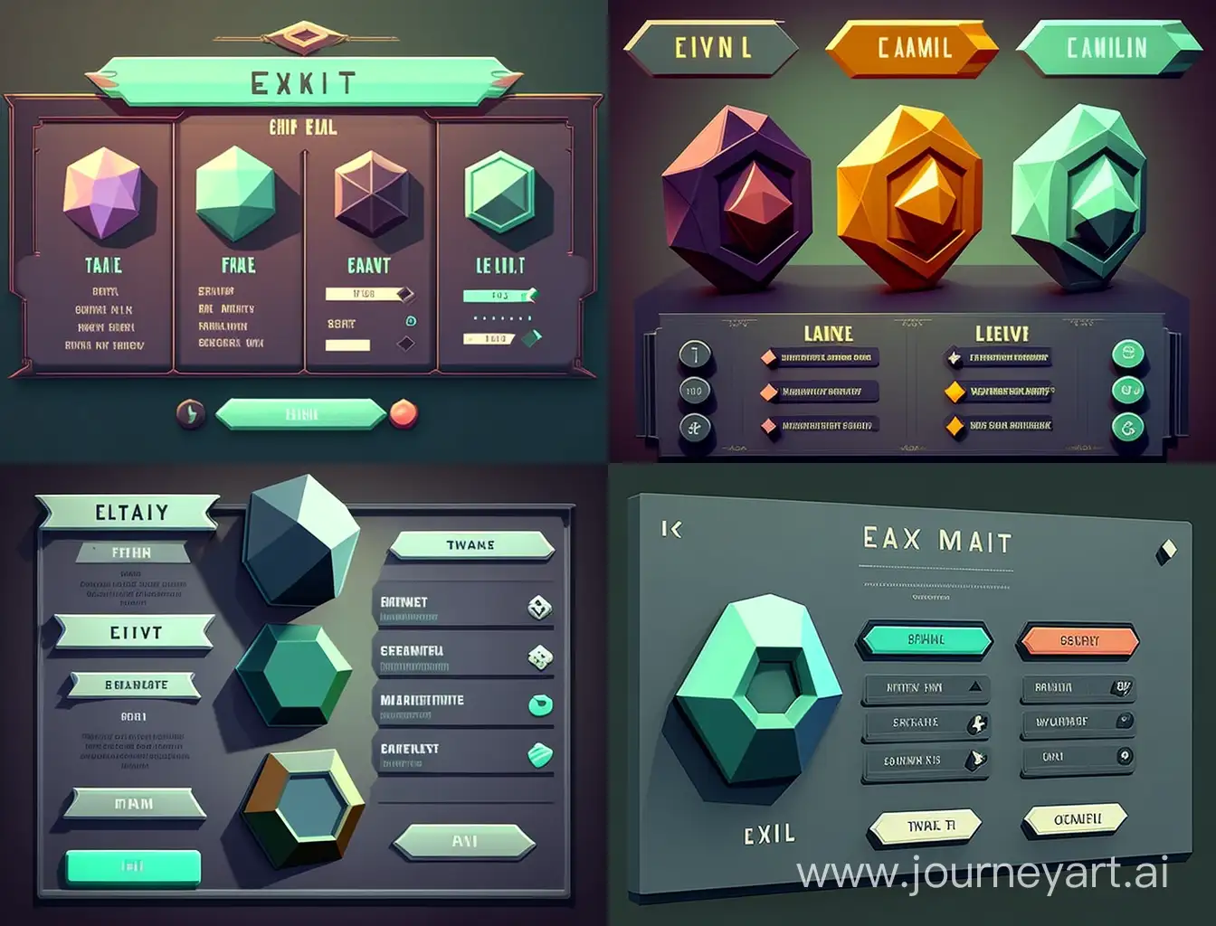 low poly style game menu, 3 buttons , Play, settings, exit