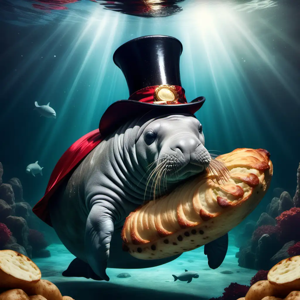 A majestic and magical manatee wearing a cape and a top hat in a fantasy theme, swimming after a delicious baked potato